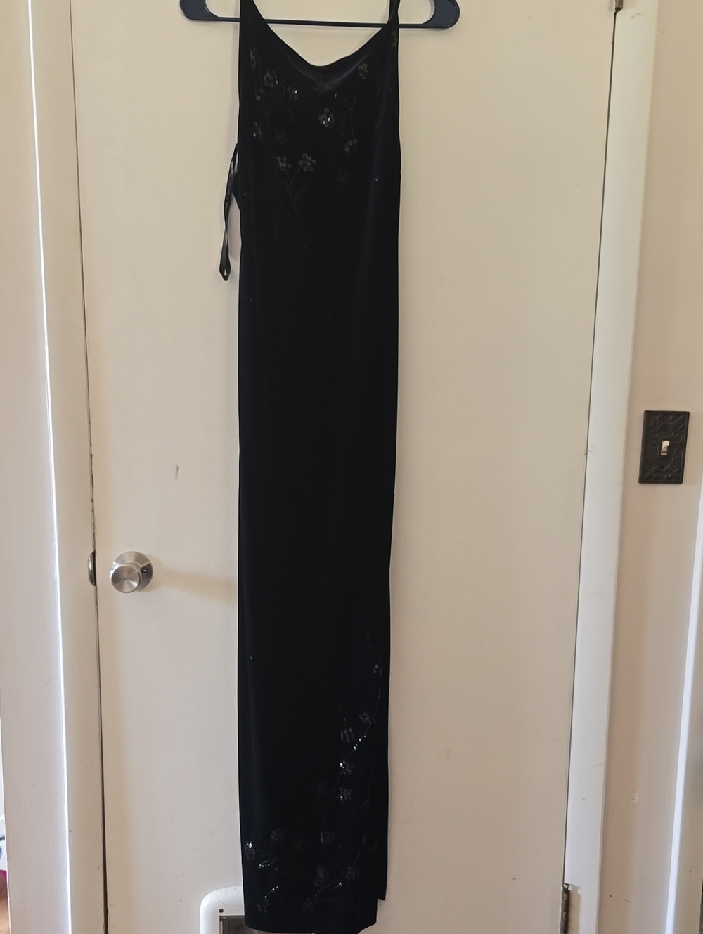 Black Velvet Slip Dress with Subtle Sequin Floral Details